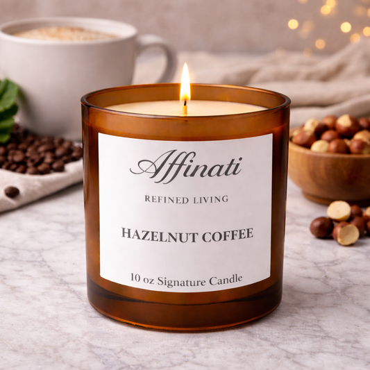 Hazelnut coffee candle on a table with coffee beans and hazelnuts. Coffee Inspired Candles | Hazelnut Hazelnut Coffee Scented Candle Collection | Callista