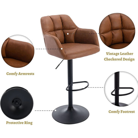 Modern Leather Swivel Adjustable Bar Stools with Armrests (Set of 2)