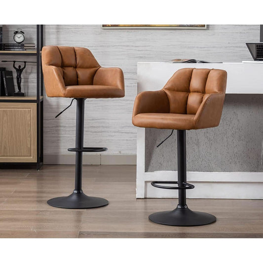 Modern Leather Swivel Adjustable Bar Stools with Armrests (Set of 2)