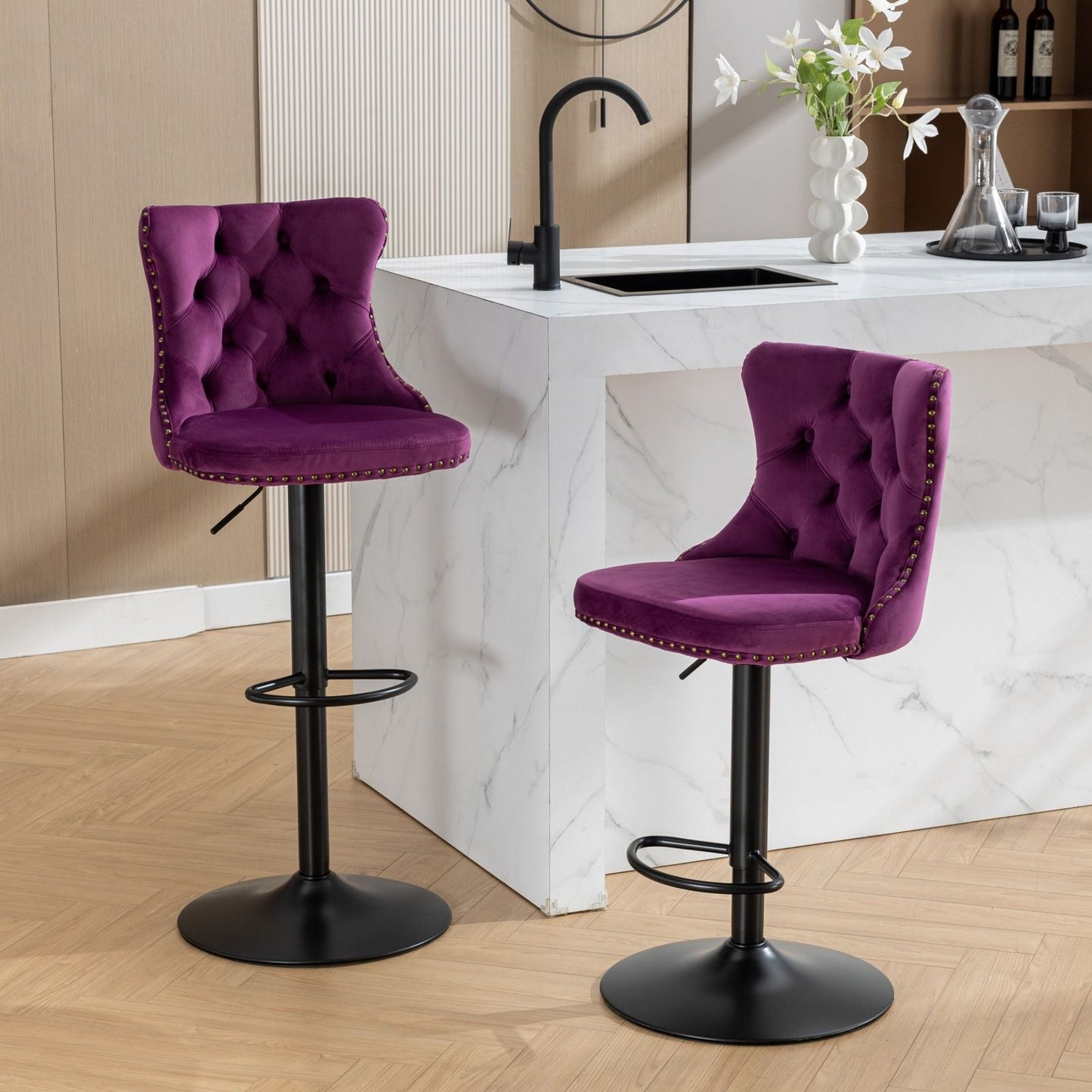 Tufted Velvet Swivel Adjustable Bar Stools (Set of 2)