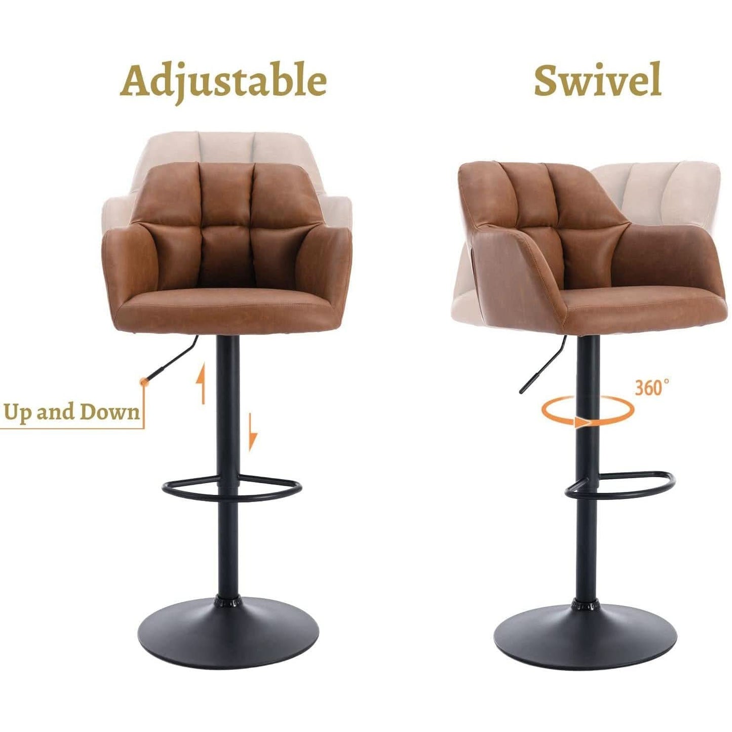 Modern Leather Swivel Adjustable Bar Stools with Armrests (Set of 2)