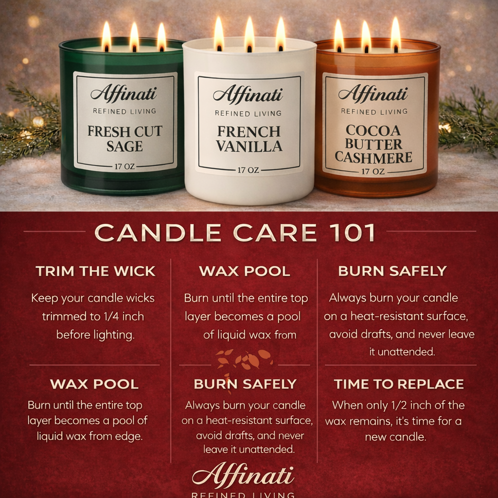 Three lit candles with labels on a wooden surface, accompanied by candle care instructions.
