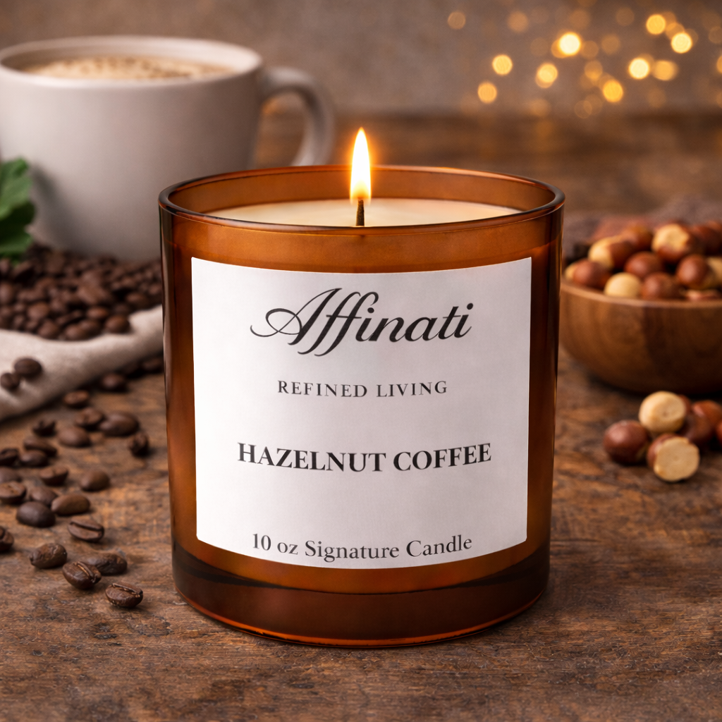 Candle Refined Living Hazelnut Coffee' with coffee beans and a cup in the background. Coffee Inspired Candles | Hazelnut Hazelnut Hazelnut Coffee Scented Candle Collection | Callista