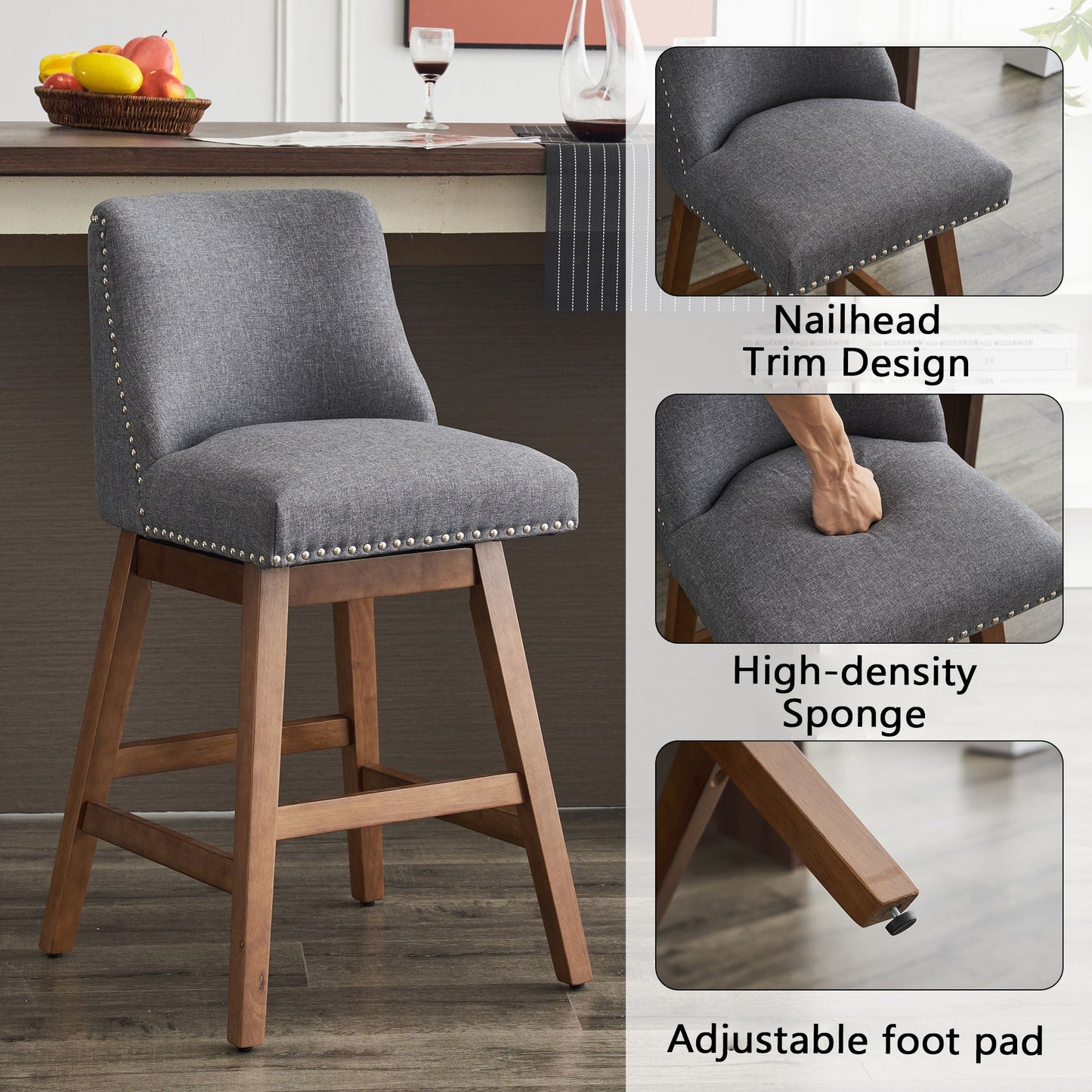 Upholstered Swivel Bar Stools for Kitchen Island (Set of 2)