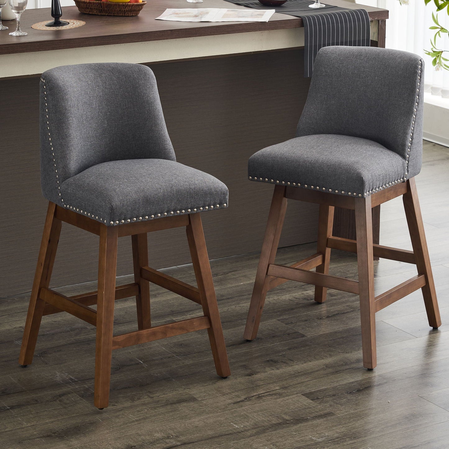 Upholstered Swivel Bar Stools for Kitchen Island (Set of 2)