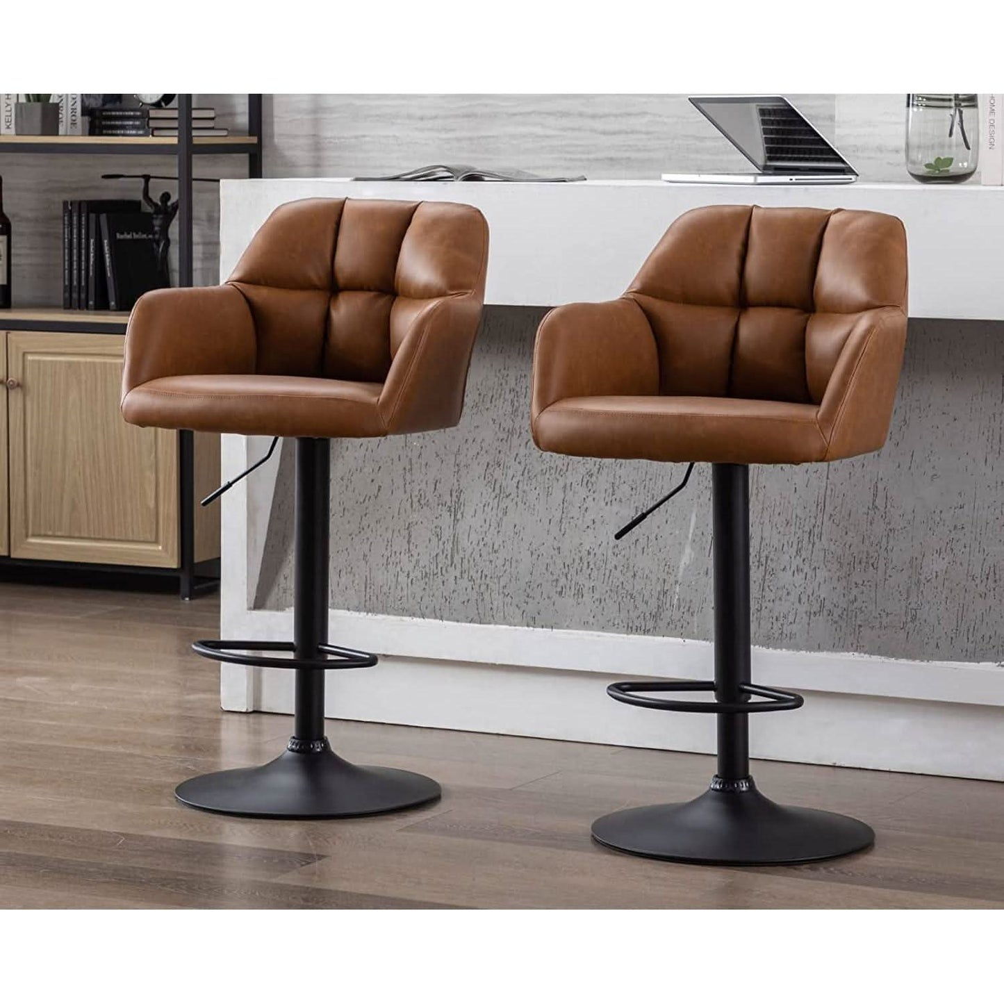 Modern Leather Swivel Adjustable Bar Stools with Armrests (Set of 2)