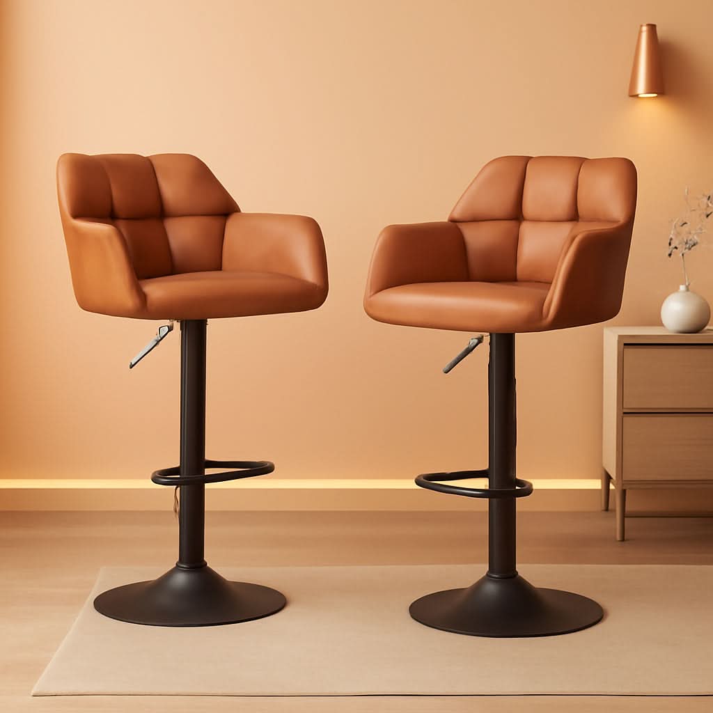 Modern Leather Swivel Adjustable Bar Stools with Armrests (Set of 2)