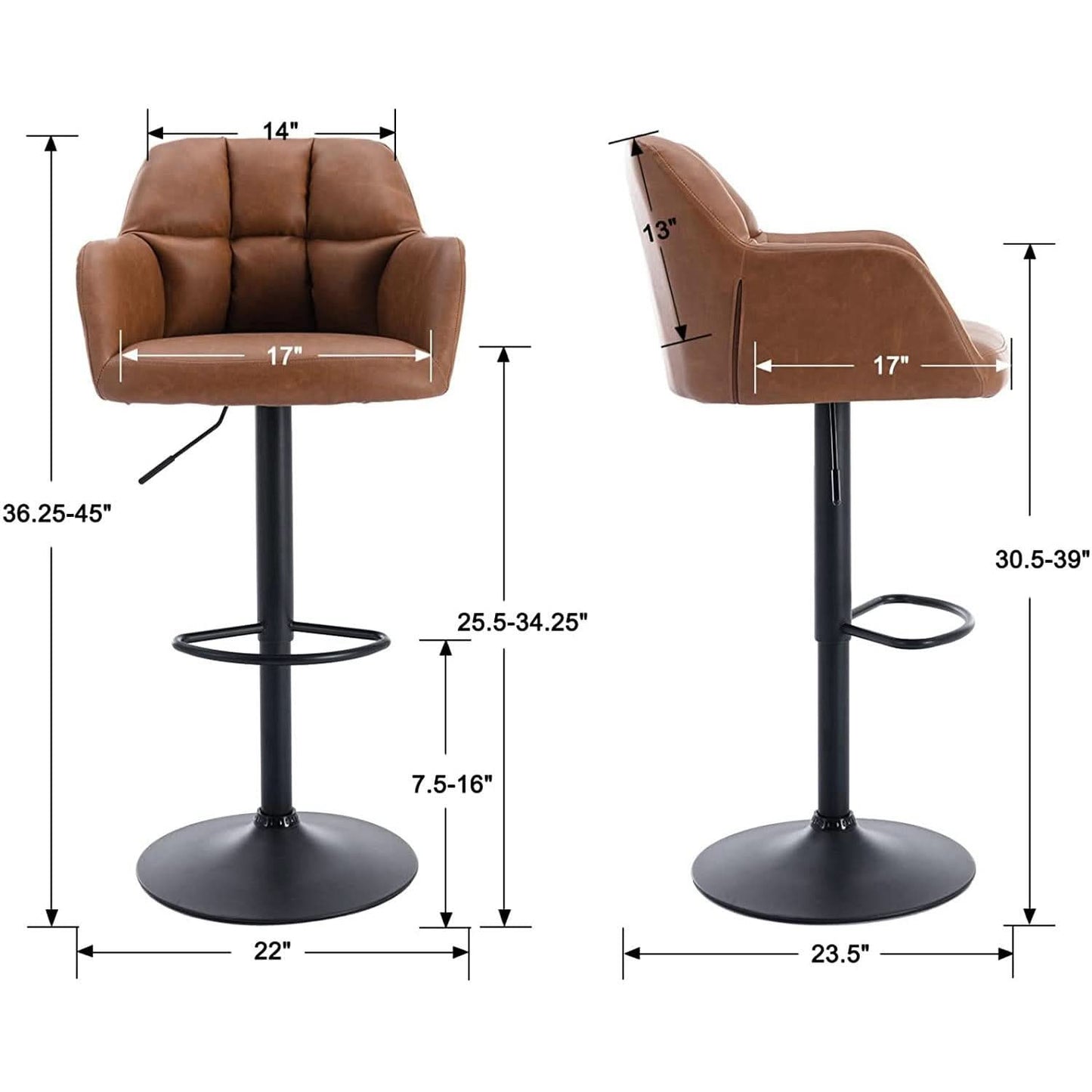 Modern Leather Swivel Adjustable Bar Stools with Armrests (Set of 2)