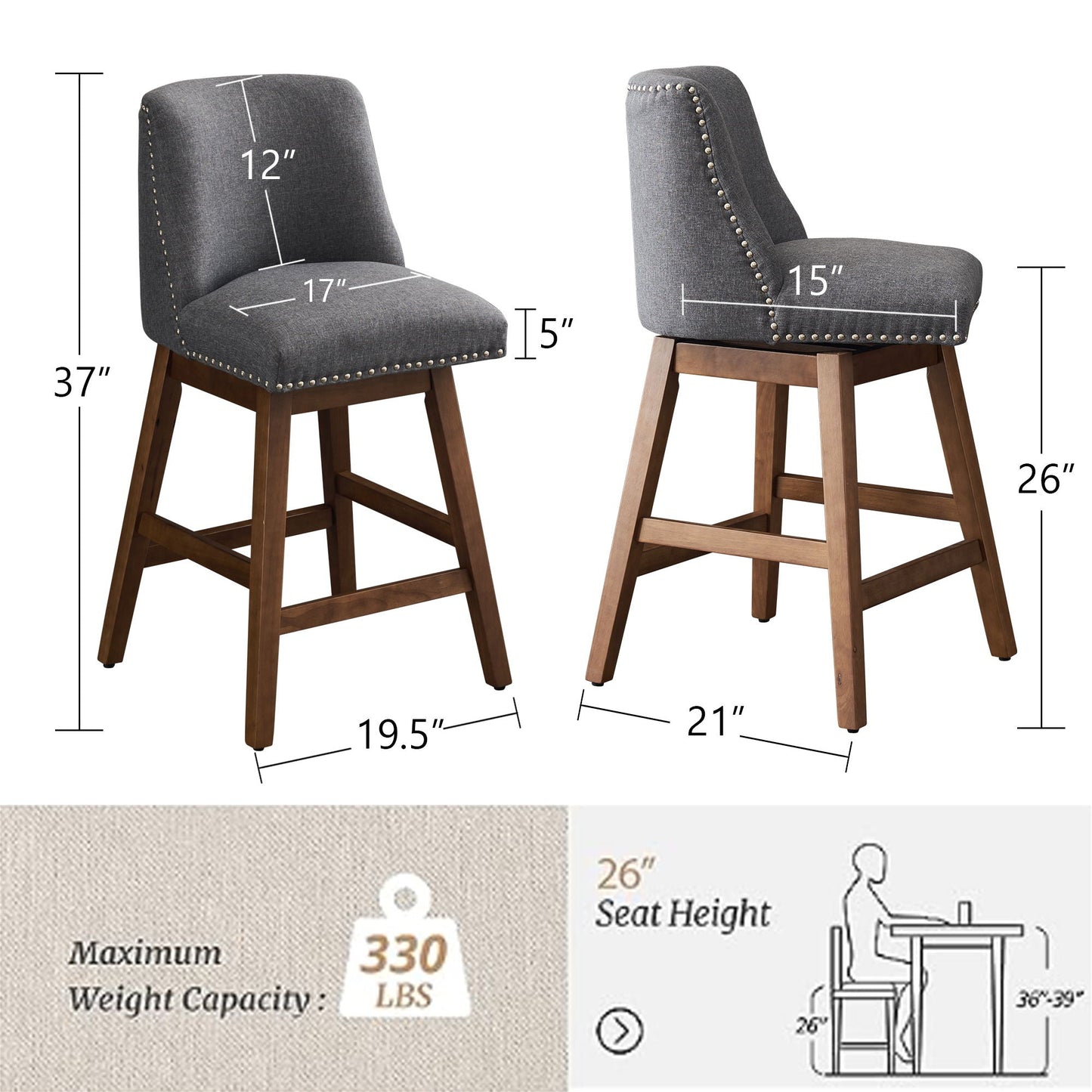 Upholstered Swivel Bar Stools for Kitchen Island (Set of 2)