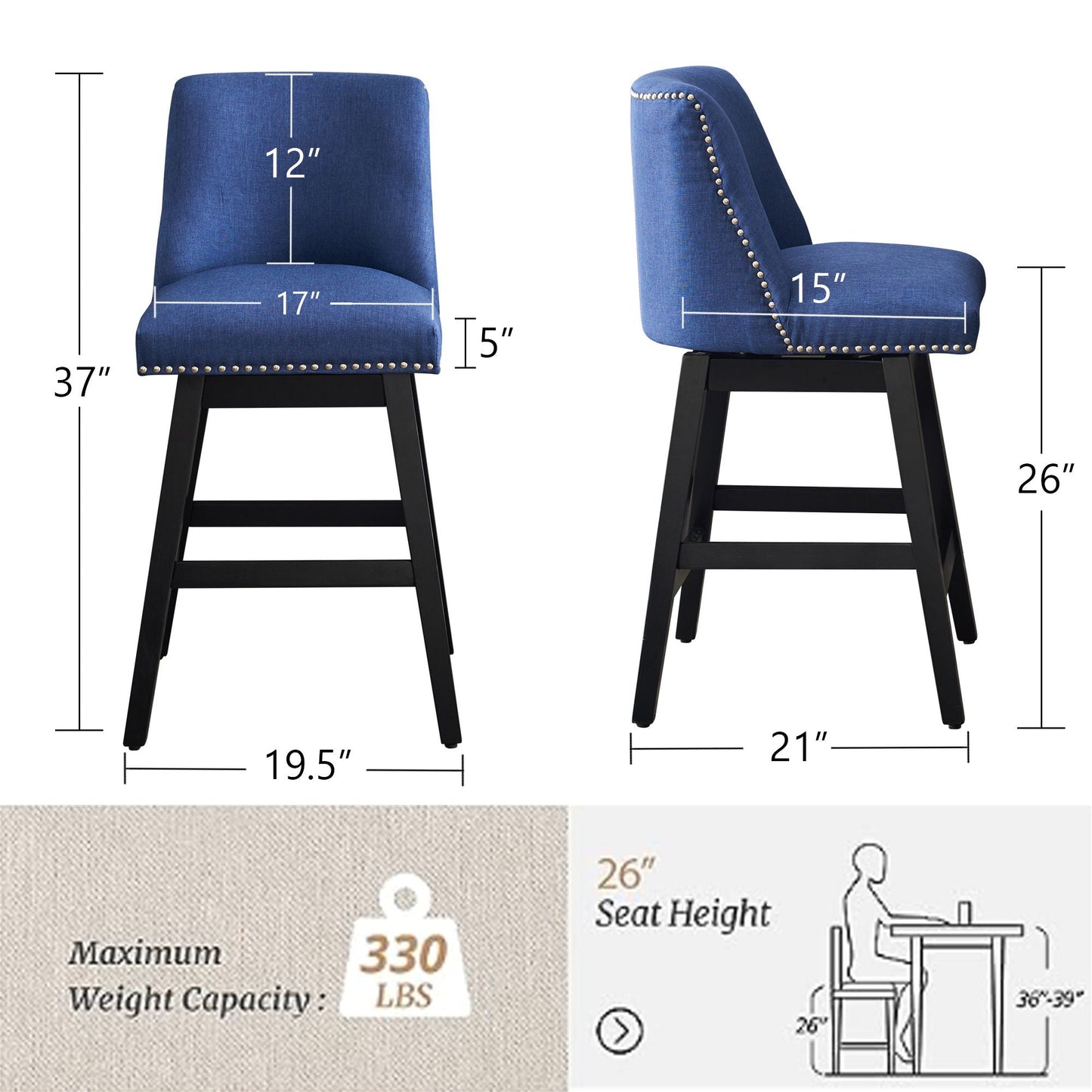 Upholstered Swivel Bar Stools for Kitchen Island (Set of 2)