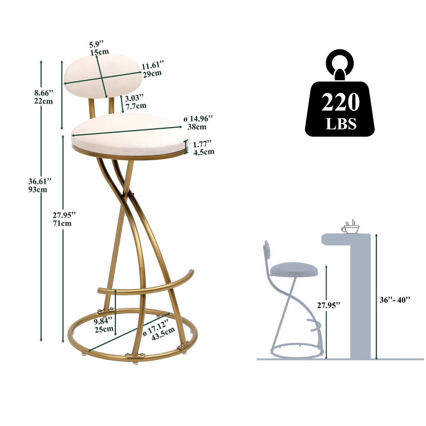 Round Velvet Counter Bar Stools with Back (Set of 2)