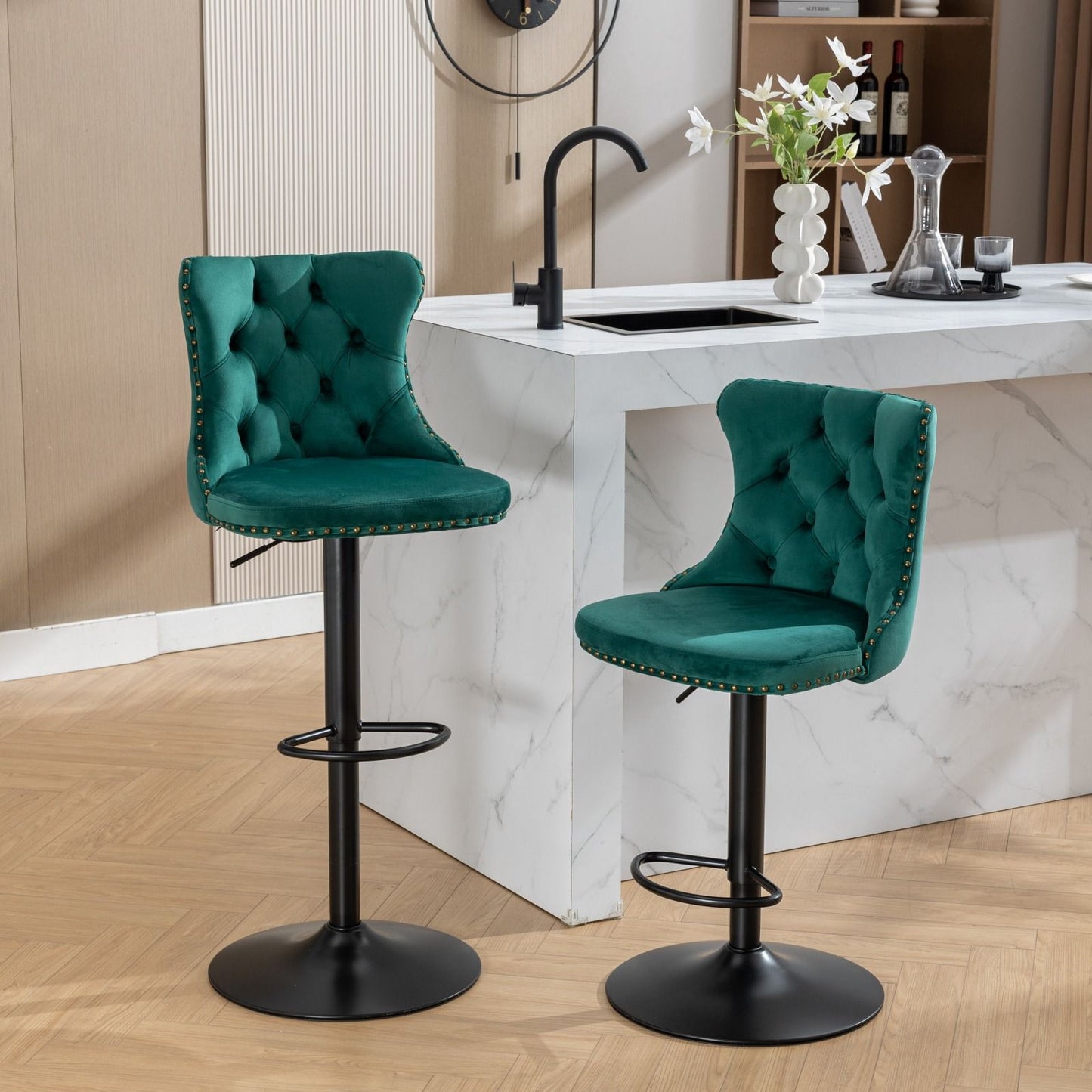 Tufted Velvet Swivel Adjustable Bar Stools (Set of 2)