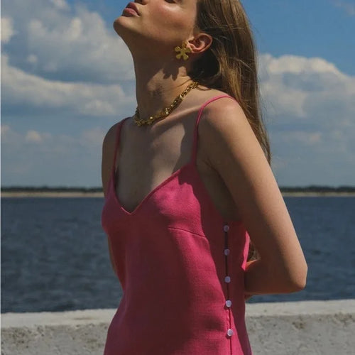 Pink Split-Side Maxi Knit Dress with Button Detail