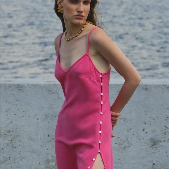 Pink Split-Side Maxi Knit Dress with Button Detail